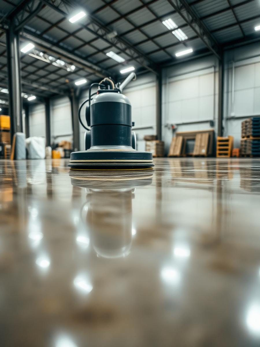 Polished concrete floor being buffed to a high gloss